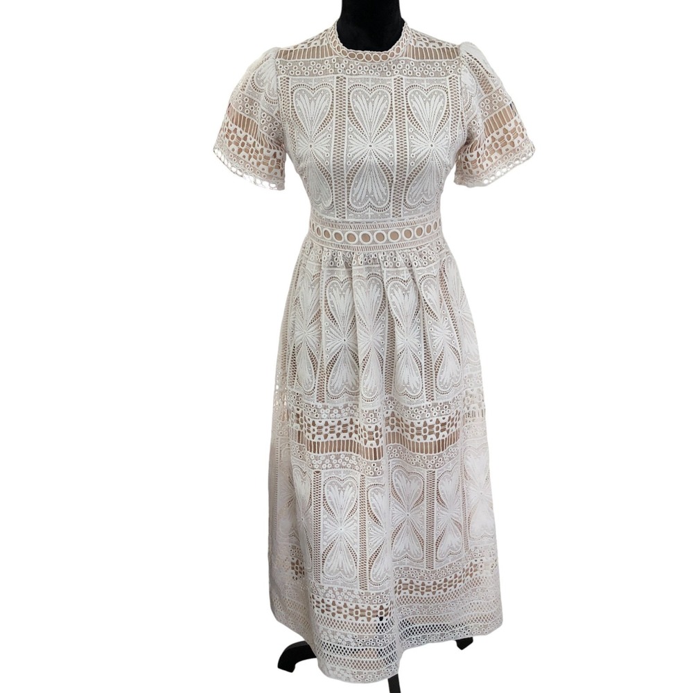 Romantic Crochet Lace Cream & Beige Boho Fit & Flair Cottagecore‎ Midi Dress S